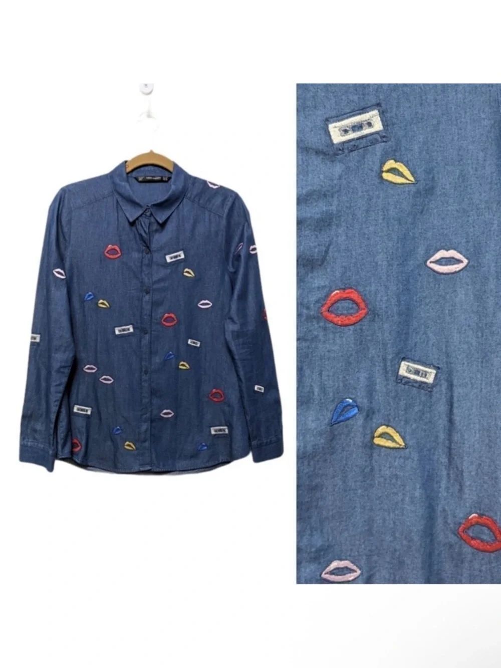 ZARA Novelty Lips Cassette Tape Embroidered Top M